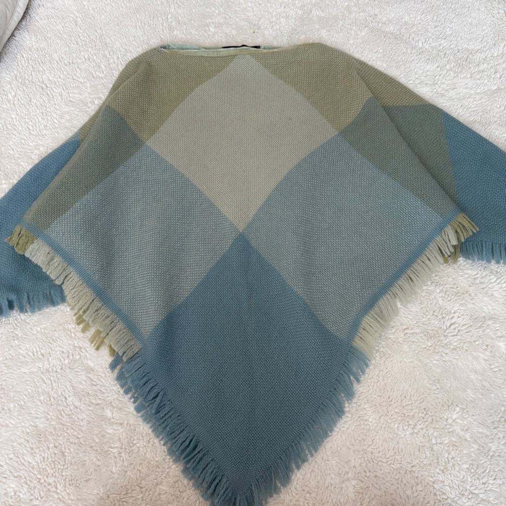 Churchill Handwoven Poncho Shawl Fring Plaid Green Camel Satin Neck Colorful OS